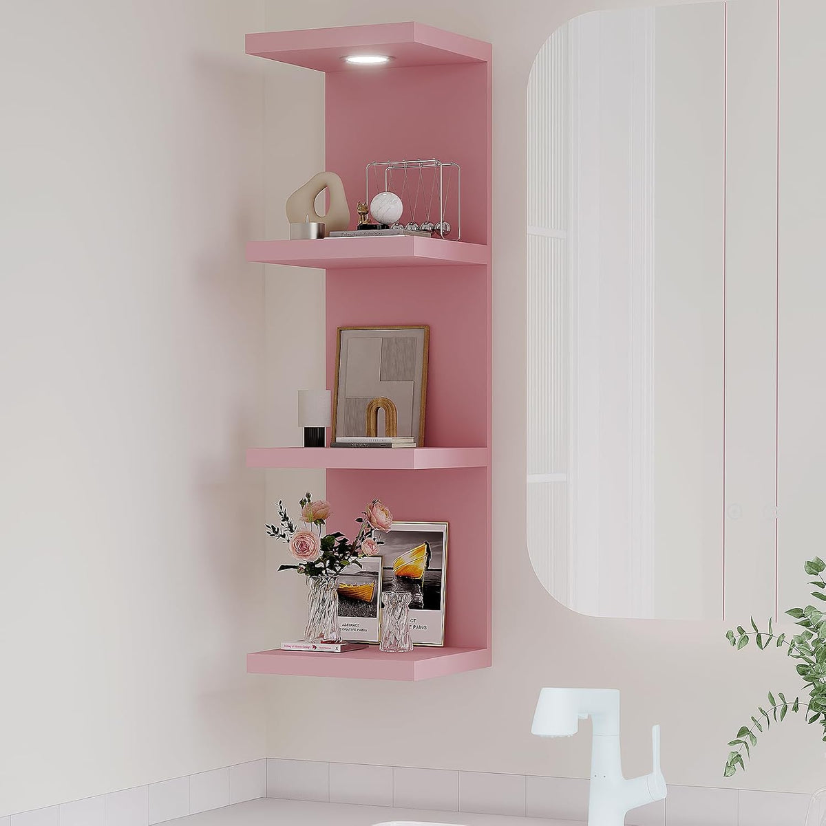 LitaEther Versatile 4 Tier Wall Shelf Unit,Pink Lack Wall Shelf,Display Floating Shelf with LED Remote Control Light