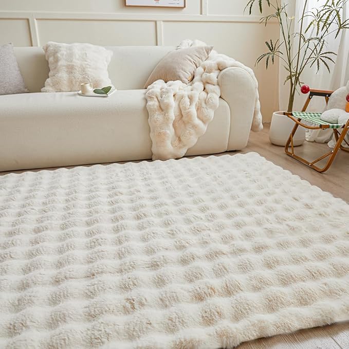 Creamy White Rabbit Plush Rug 5'x8', Fluffy Faux Fur Shaggy Area Rug - Image 4