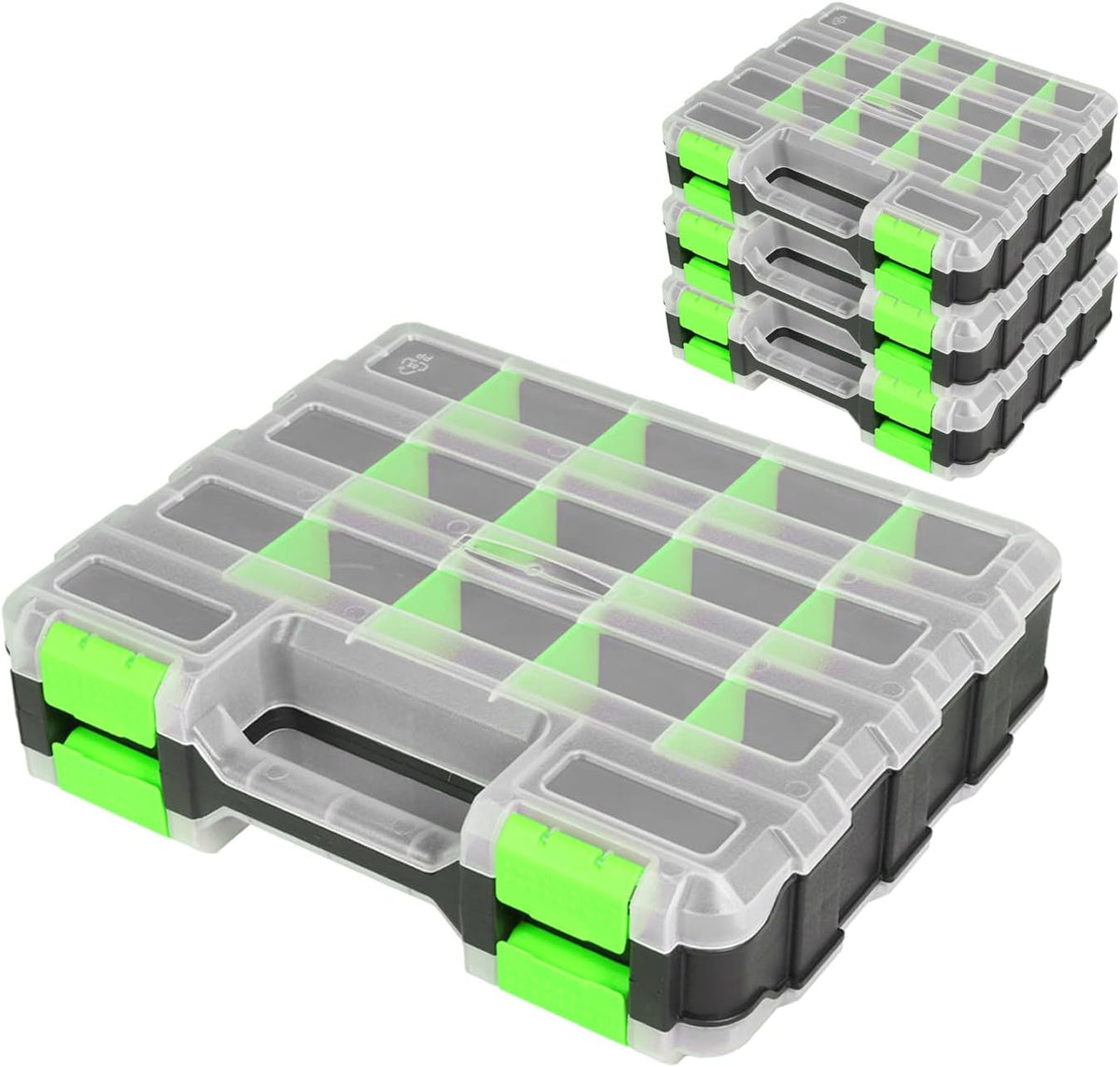 Jack Boss Tool Box with Transparent Lid, Double Side 34-Compartments Organizer Box with Removable Dividers for Hardware, Screws, Bolts, Nails, Beads, Jewelry and Fishing Accessories, Green, 2 Pack