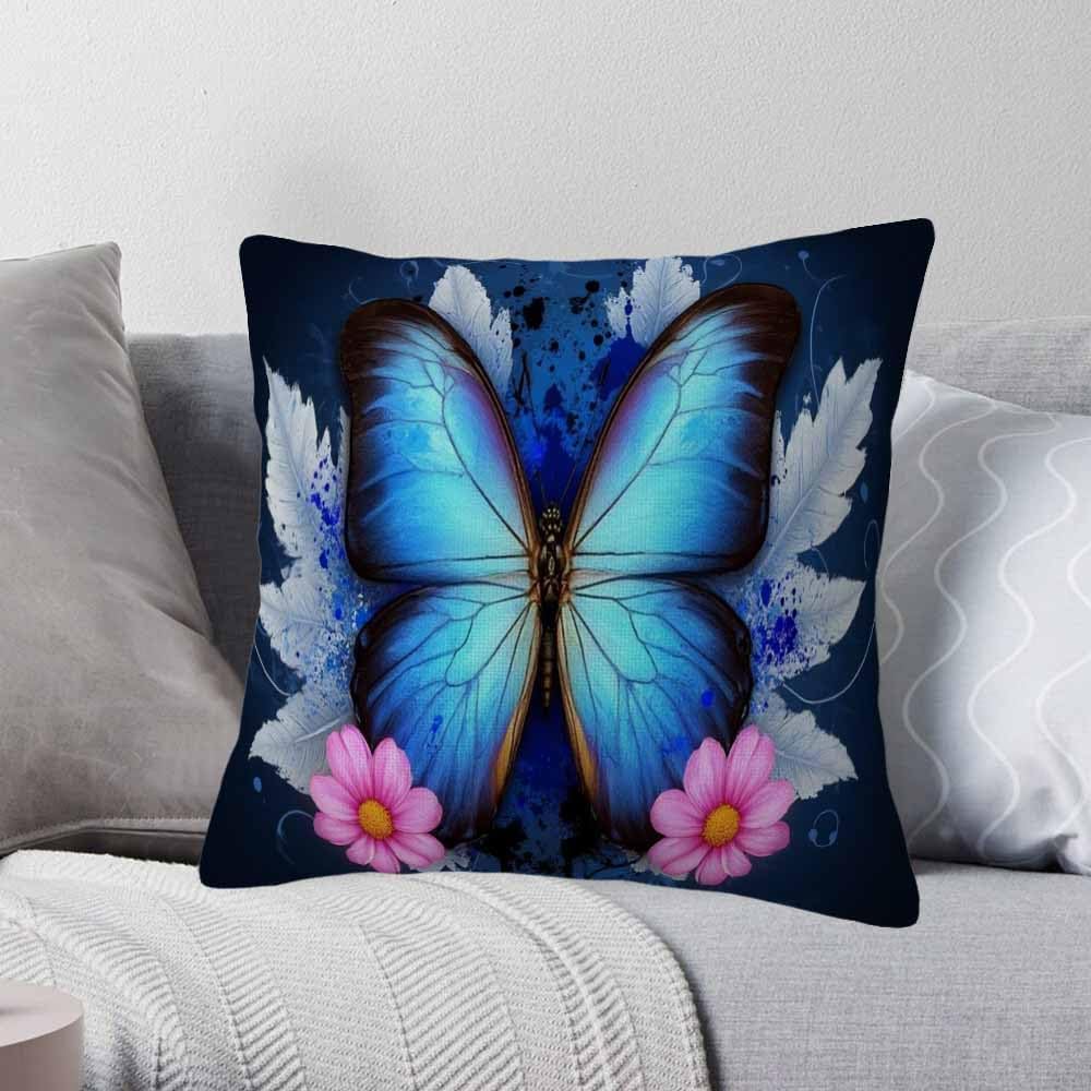 Blue Morpho Butterfly Throw Pillow Covers 18x18 Set of 2,Pink Daisy Flower White Feather Decorative Pillow Covers for Sofa Couch Living Room Soft Home Decor,Outdoor Patio Car Cushion Cases