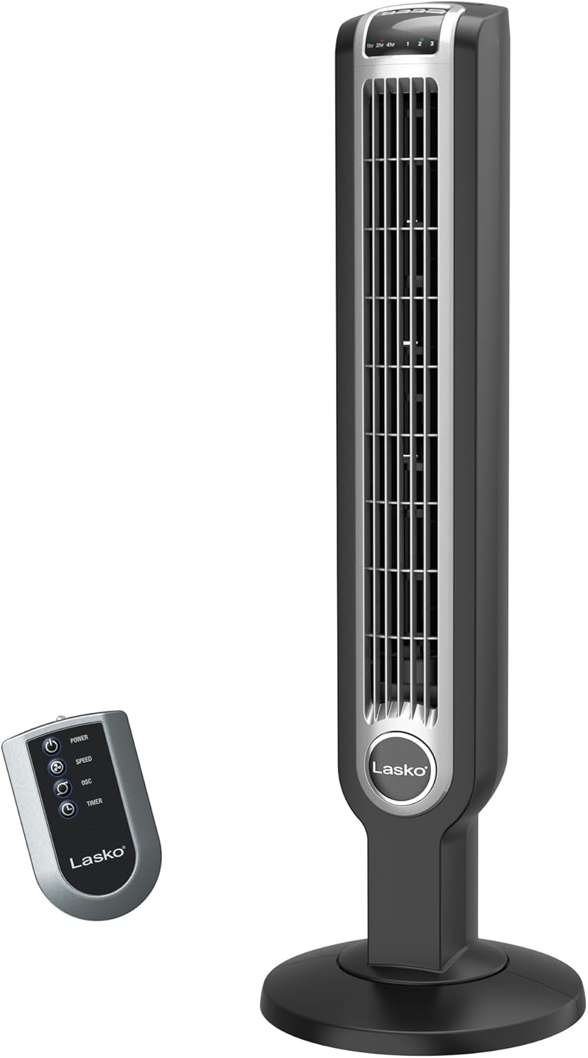 Lasko Oscillating Tower Fan with Remote Control and Timer - Quiet Standing Fan for Bedroom, Office, and Home - 3 Speeds - Powerful Cooling Air - 2511 - 36" Tall - Black