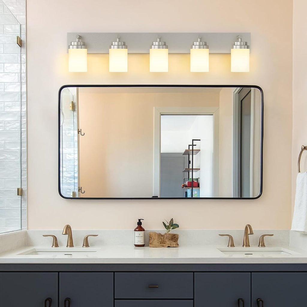 IZORRO Bathroom Vanity Light Fixture, 5-Light 36 Inch Brushed Nickel Bathroom Light Fixtures Over Mirror, with White Glass Shade, Modern Farmhouse Vanity Lights, Rustic Restroom Lighting Fixtures