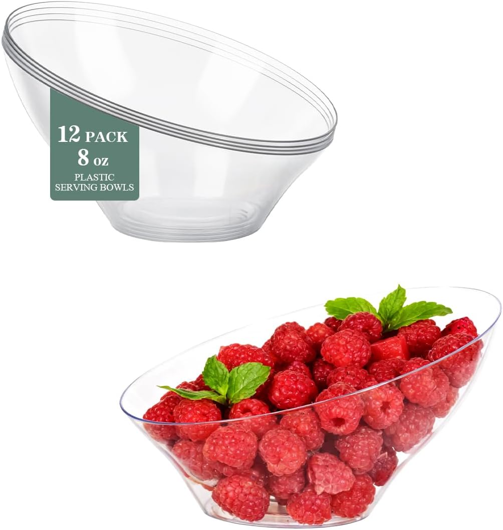 8 Oz Clear Plastic Angled Serving Bowls, 12 Pack
