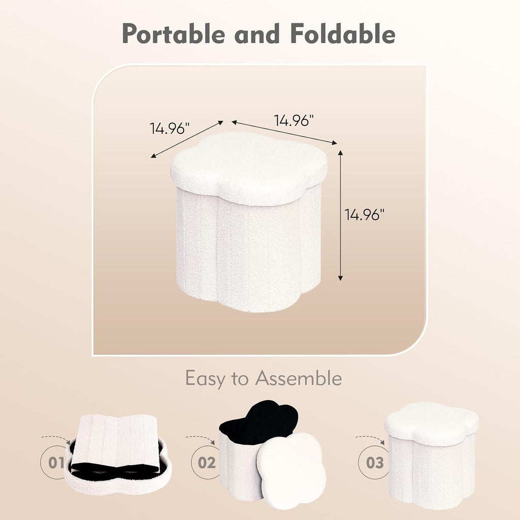 B FSOBEIIALEO Storage Ottoman Cube, 15" Flower Shaped Ottomans, Cream White