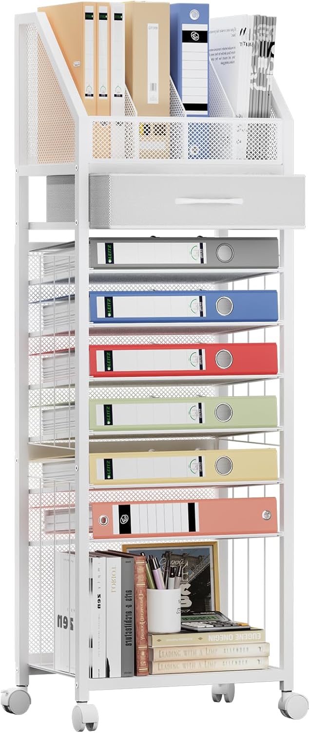 9-Tier Rolling File Cart - Paper Organizer with Drawer and Trays, Wood Desk Office Organizer, Office Organization and Binder Storage for Workspace, Home, School, White