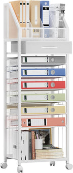 9-Tier Rolling File Cart - Paper Organizer with Drawer and Trays, Wood Desk Office Organizer, Office Organization and Binder Storage for Workspace, Home, School, White