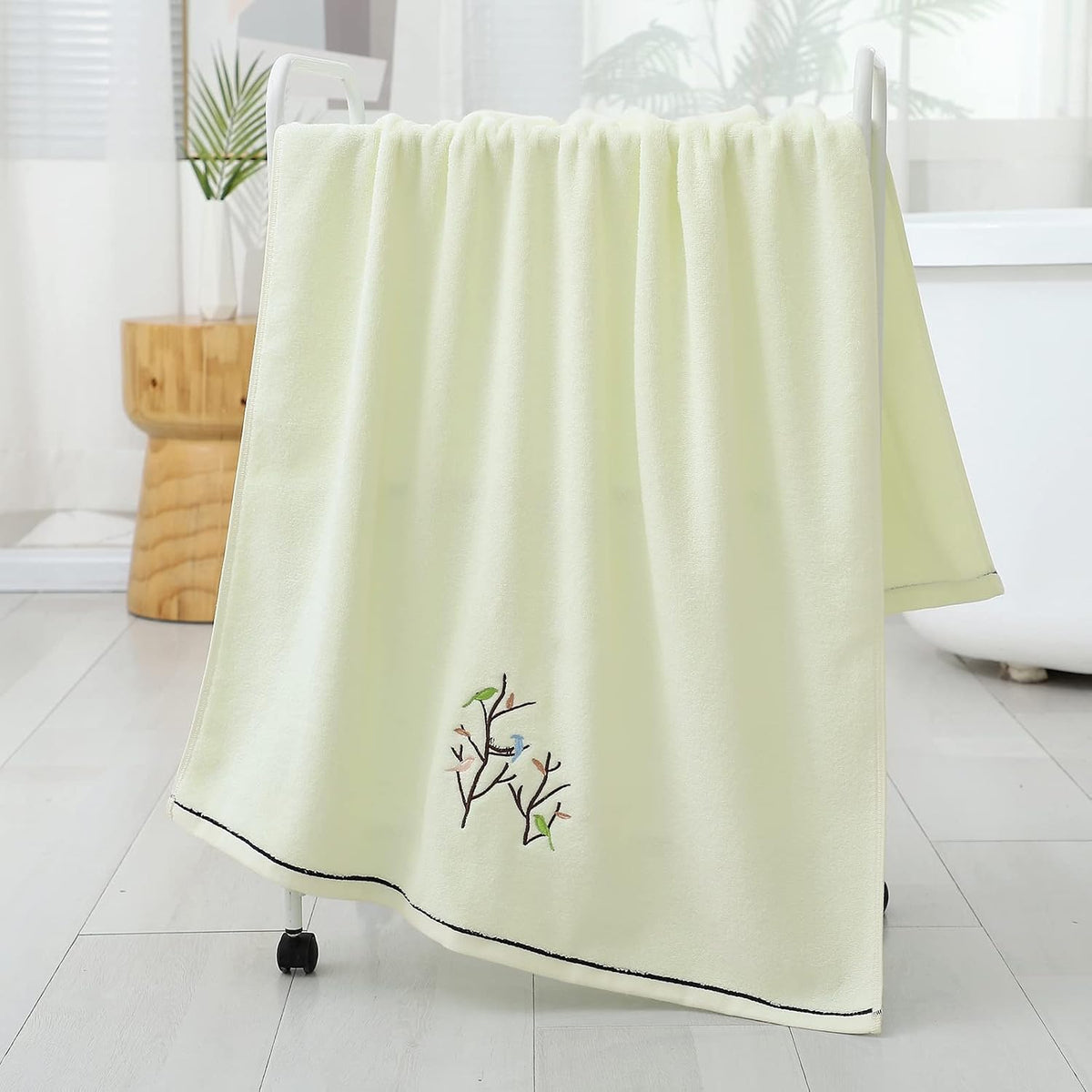 Embroidered Bird Tree Bath Towel for Bathroom,Light Yellow