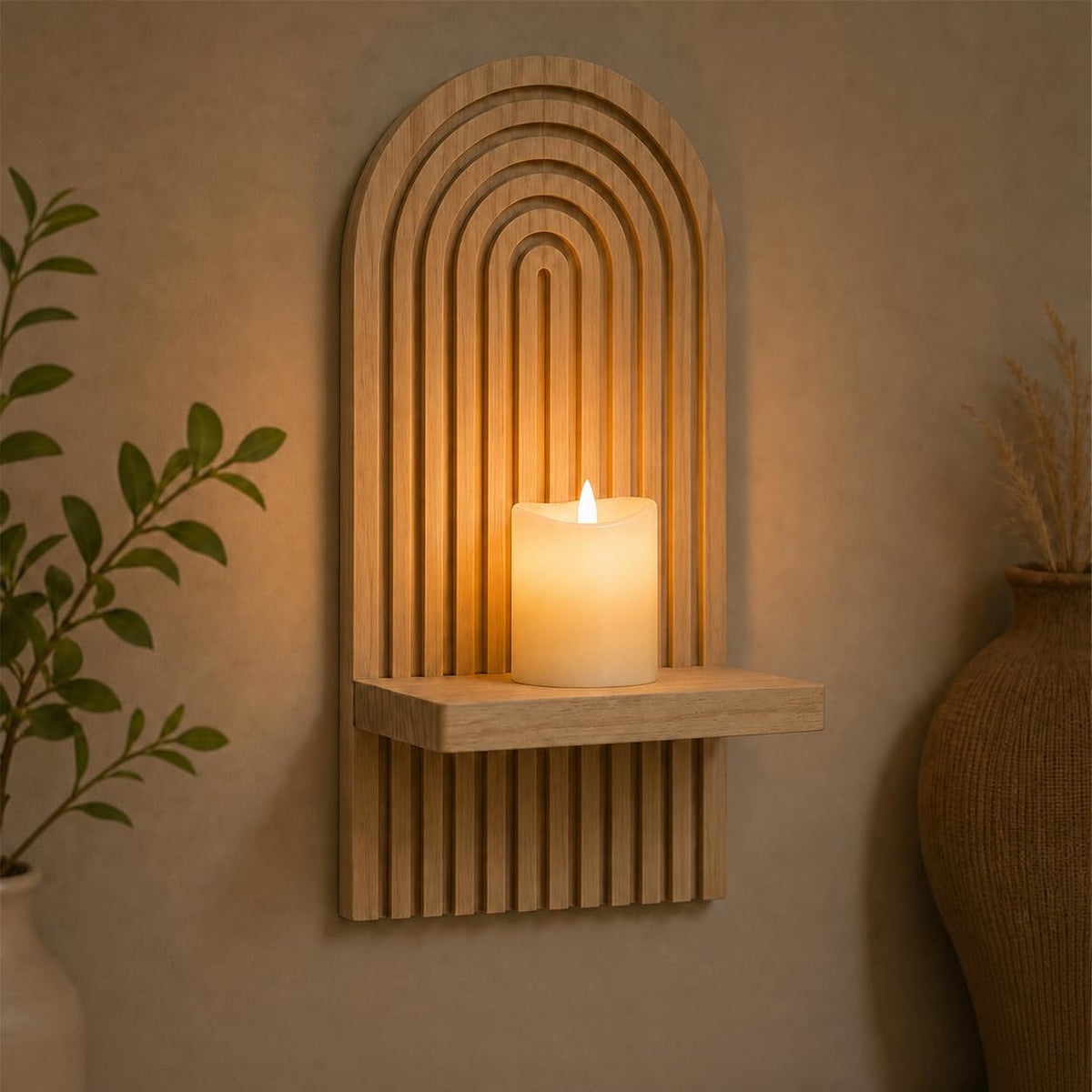 Wall Candle Holder Set of 2, Boho Wall Decor, Arch Candle Sconces, Natural