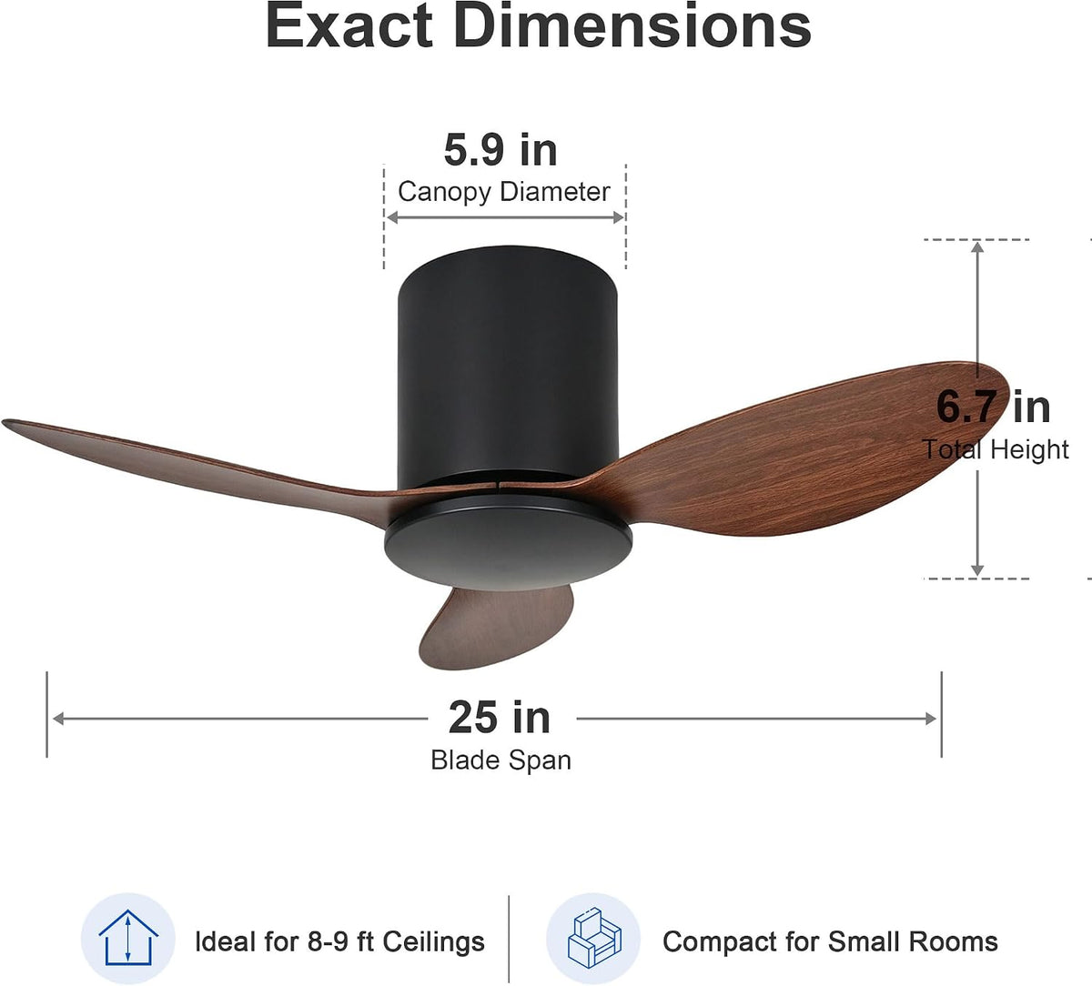 25 Inch Small Ceiling Fan No Light, Low Profile, Black Walnut
