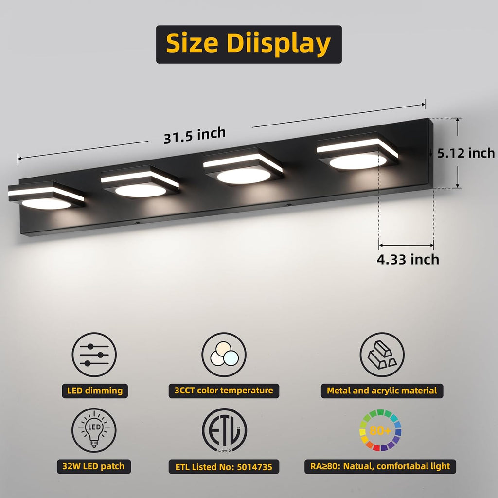 OKELI Bathroom Light Fixtures, Matte Black Vanity Light Modern LED 3CCT