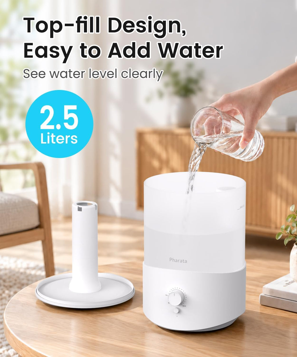 Pharata Humidifiers for Bedroom Large Room, 2.5L Cool Mist Humidifier with Essential Oil Diffuser, Top Fill Humidifier for Baby, Home, Plant, Ultrasonic Humidification for whole house, Auto Shut-Off