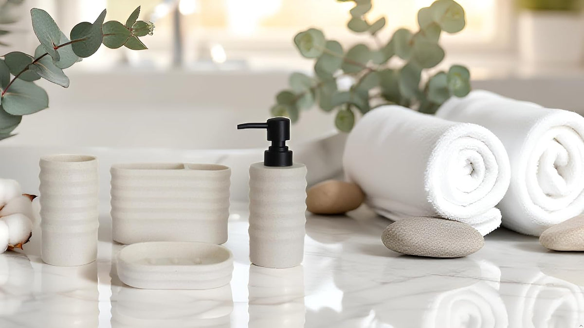 Hymmah Bathroom Accessories Set,Apartment Essentials Farmhouse Bathroom Decor,4 Pcs Resin Gift Set Apartment Necessities, Contain Toothbrush Holder,Soap Dispenser,Soap Dish,Tumbler