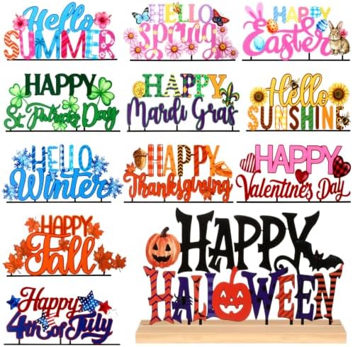 Chunful 13 Pcs Interchangeable Holiday Metal Table Signs with Wooden Base
