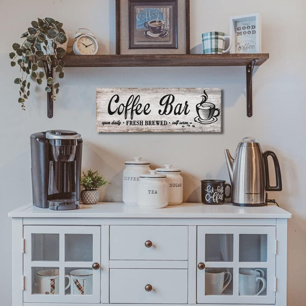 Rustic Wood Grain Coffee Station，Retro Coffee Bar Signs for Kitchen 6x17
