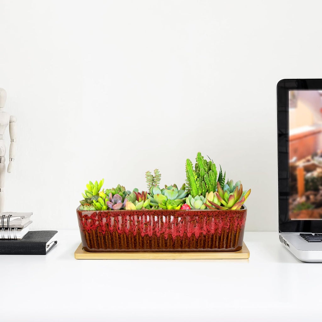 Succulent Pots, 12'' Long Rectangle Planters with Tray, Windowsill Planter
