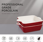 AVLA 2 Pack Porcelain Baking Dish, Square 8.7 Inch Brownie Dish Lasagna Pan Roasted Meat Bakeware Set for Kitchen, 75 OZ Casserole Dish with Double Handle, Vintage Red
