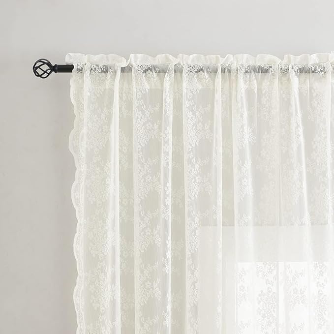YJ YANJUN Vintage Lace Curtains Ivory Floral 105 inch Curtains 2 Panels - Image 2