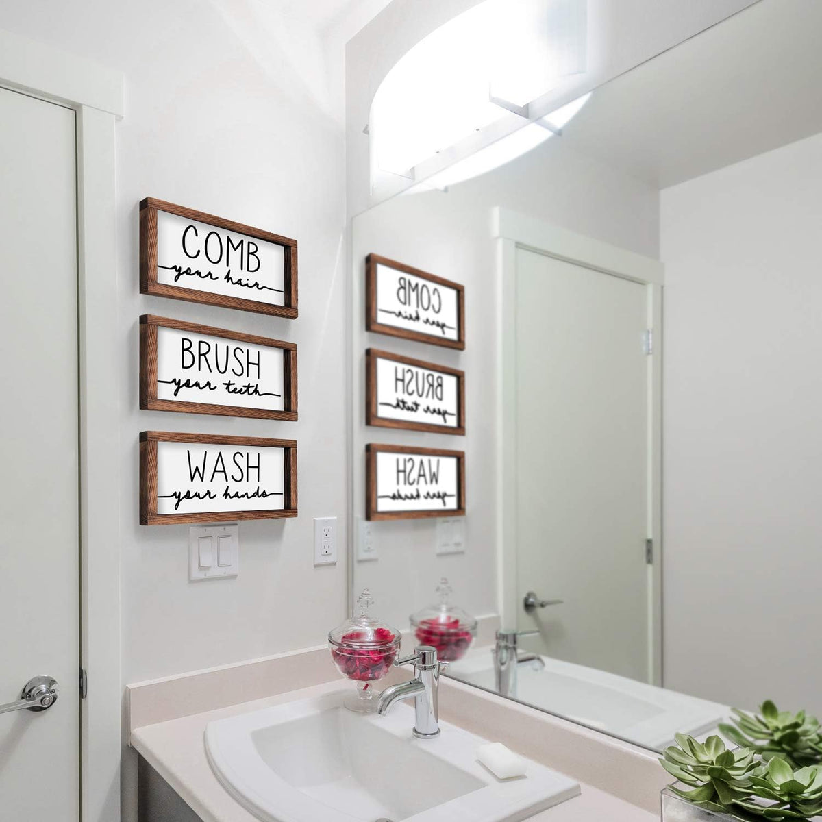 LIBWYS 3 Pcs Bathroom Sign Rustic Wood Farmhouse Bathroom Wall Decor