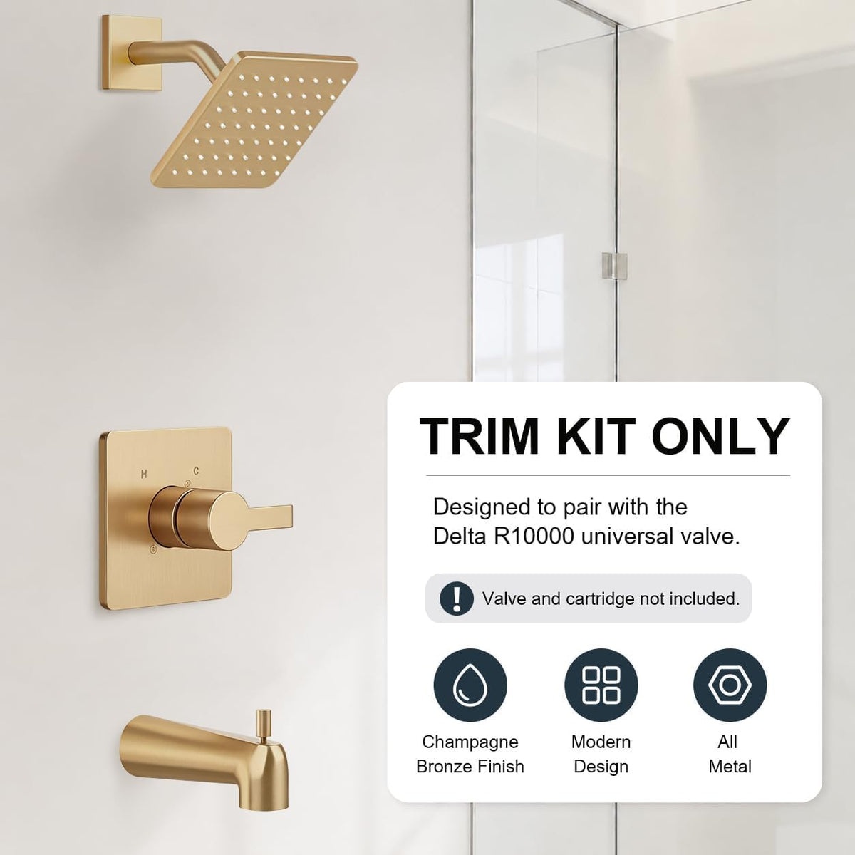 Replacement for Delta 13/14 Series Shower Trim Kit, Compatible with Delta R10000 Tub Shower Faucet Set, Brushed Gold Shower Head and Handle Set,Champagne Bronze (Cartridge and Valve Not Included)