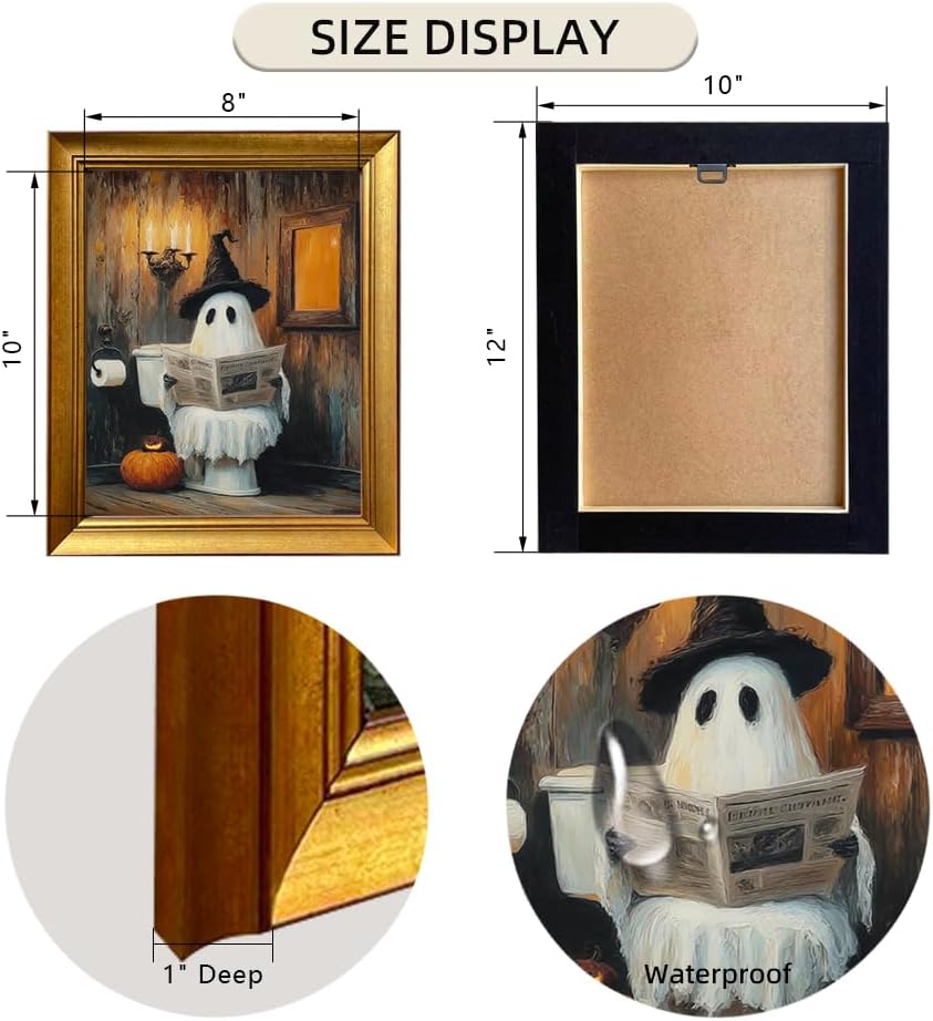 Vintage Golden Framed Halloween Bathroom Print Funny Ghost on Toilet Wall Art Rustic Spooky Halloween Bathroom Wall Decor