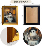 Vintage Golden Framed Halloween Bathroom Print Funny Ghost on Toilet Wall Art Rustic Spooky Halloween Bathroom Wall Decor