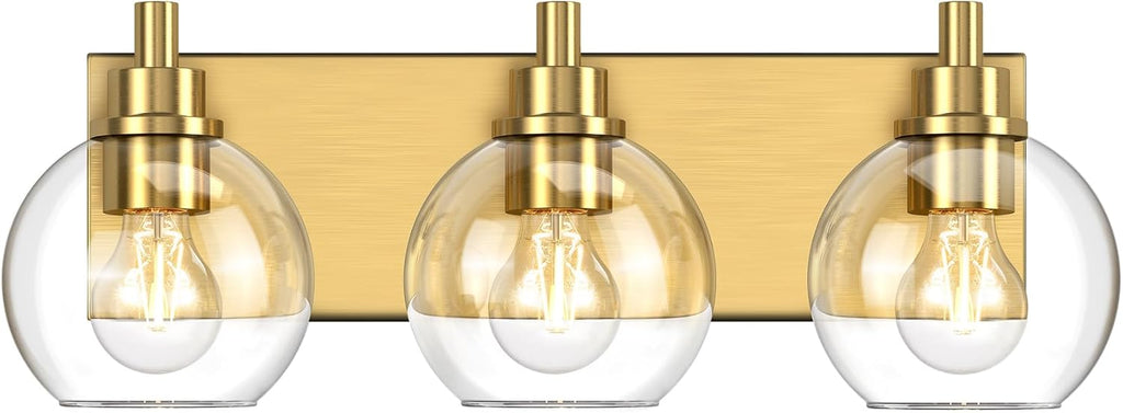 IZORRO Bathroom Light Fixtures, 3-Light Brushed Gold Vanity Light, Modern Wall Sconces with Globe Clear Glass Shade, Vanity Lighting Fixtures Over Mirror,E26 Bulb Socket