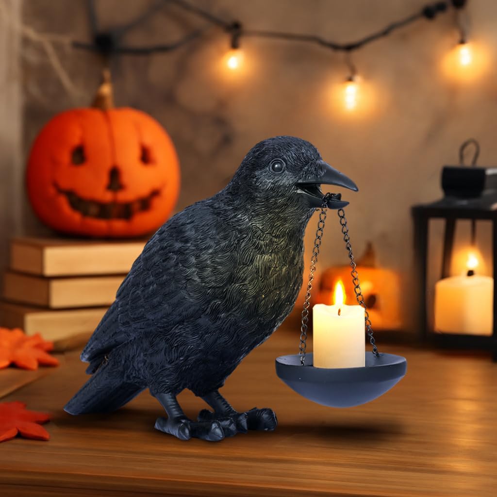 Dlfghos Gothic Home Decor Raven Lamp Tealight Candle Holder Halloween Decorations Indoor Fake Crow Light Holder Resin Black Bird Statue for Living Room Fireplace Entrance Holiday Spooky Ornaments