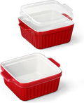 MALACASA Baking Dishes for Oven, Small Ceramic Baking Dishes with Silicone Lids for Individual Portions 5.5" x 5.5" Square Casserole Dishes Set of 2 Oven Microwave, and Air Fryer Safe, Red