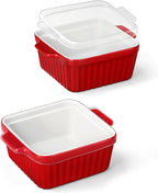MALACASA Baking Dishes for Oven, Small Ceramic Baking Dishes with Silicone Lids for Individual Portions 5.5" x 5.5" Square Casserole Dishes Set of 2 Oven Microwave, and Air Fryer Safe, Red