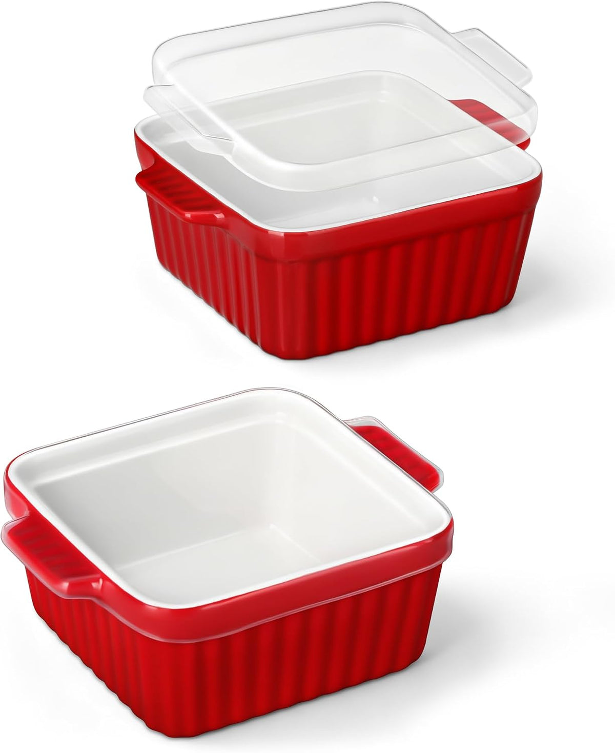 MALACASA Baking Dishes for Oven, Small Ceramic Baking Dishes with Silicone Lids for Individual Portions 5.5" x 5.5" Square Casserole Dishes Set of 2 Oven Microwave, and Air Fryer Safe, Red