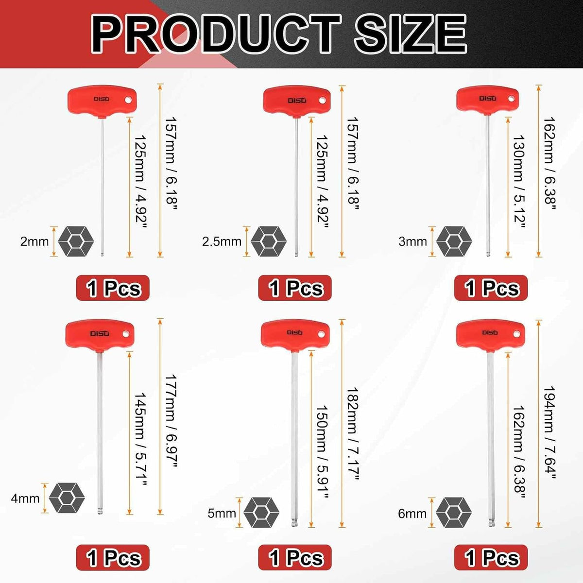 HARFINGTON 6pcs T-Handle Ball End Hex Key Set 2/2.5/3/4/5/6mm S2 Steel Metric Inner Hexagon Wrench T-Key Spanner Repairing Tool for Home Auto Maintenance Bike Motorcycle Repair