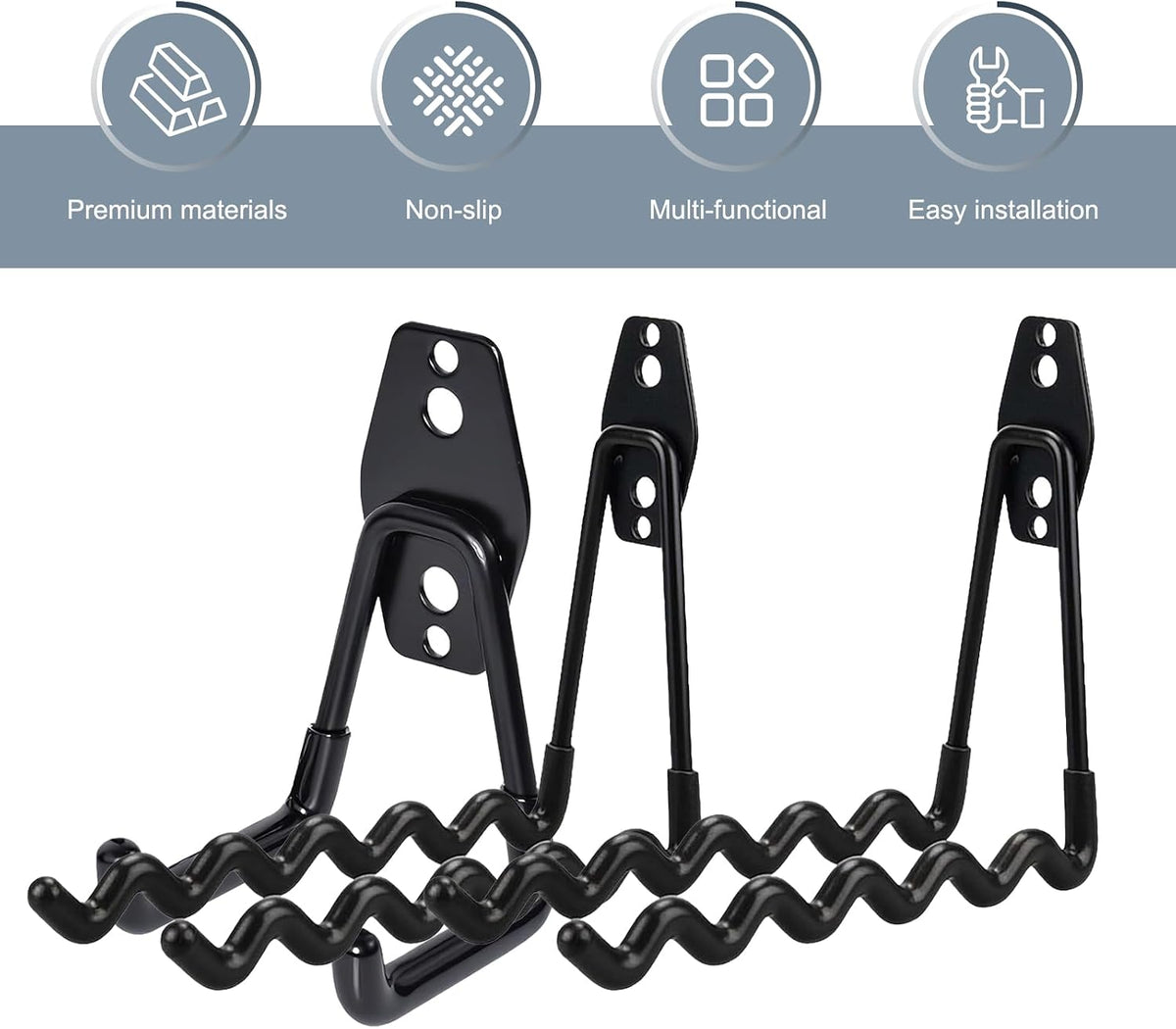 2 PCS Garage Storage Utility Hooks, Heavy Duty Metal Wall Mount Hooks, Wave Hook Garage Garden Tool Organizer, Fit for Cord, Badminton Rackets, Hoses, Bikes, Tools (Black)