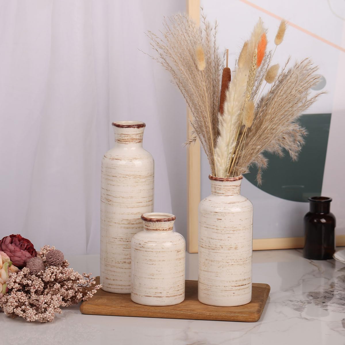 Ceramic Vase Set - 3 Ceramic Small Vases, Farmhouse Country Flower Vase Home Decor, Living Room Decoration, Table Decoration, Fireplace Decor, and Entrance Decorations Centerpieces