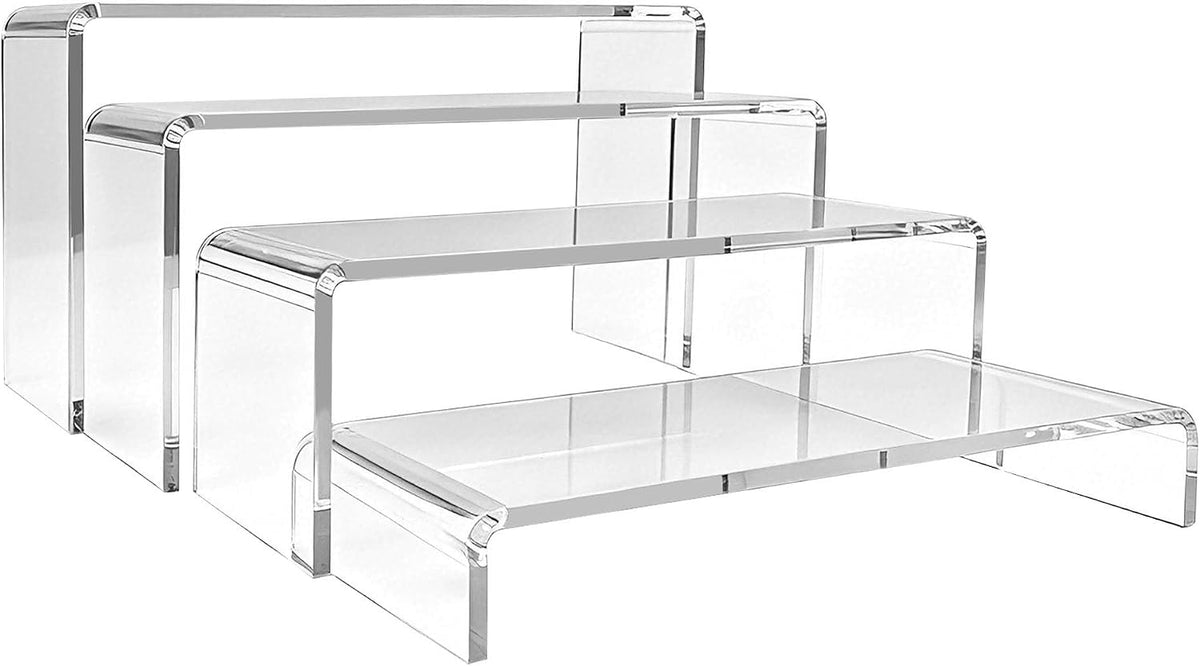 4-Pack Clear Acrylic Risers for Display – Tiered Rectangular Display Riser Shelves for Perfume, Figures & Jewelry, 4 Graduated Sizes up to 9.05"x2.95"x5.11", 5mm Thick Shelf Riser