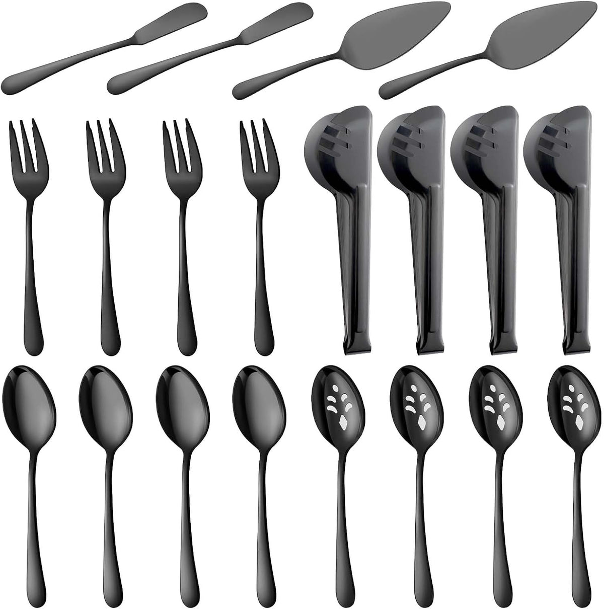 BEWOS Black 20-Piece Serving Set, Black Slotted Spoons & Tongs, Forks, Cake Server & Butter Knife, Stainless Steel, Dishwasher Safe