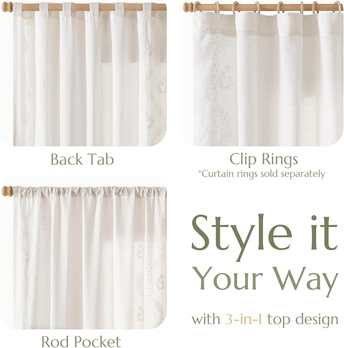 jinchan Belrose Linen Curtains for Bedroom Floral Curtains 63 Inch Length Linen - Image 6
