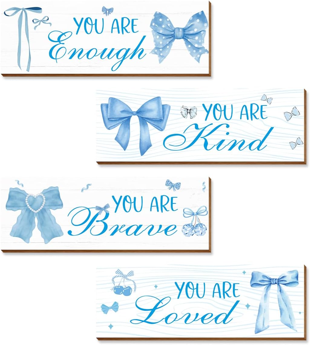 4 Pcs Blue Coquete Bow Room Decor, Teen Girls Trendy Preppy Wall Art Aesthetic for Bedroom Bathroom Decor, Inspirational Positive Affirmations