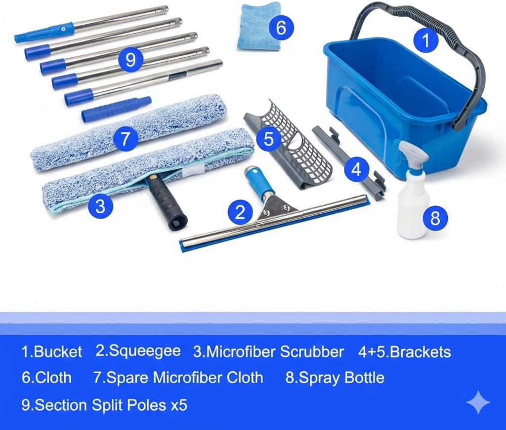 Professional Window Cleaning Kit with 6ft Long Handle, 3 Gallon Bucket