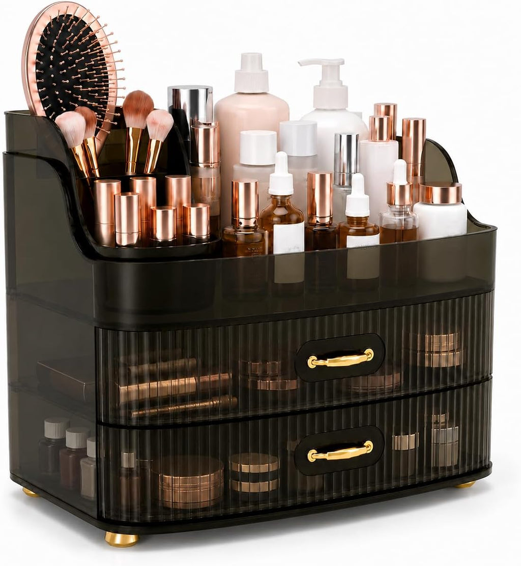 Makeup Organizer for Countertop Vanity Skincare Storage for Perfume Lipstick Bathroom Dresser Desk with Drawers And Brush Holder (White)