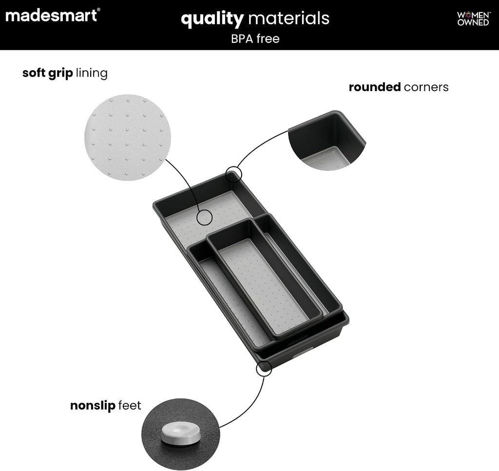 madesmart Classic 3 Bin Drawer Organizer Set, Granite