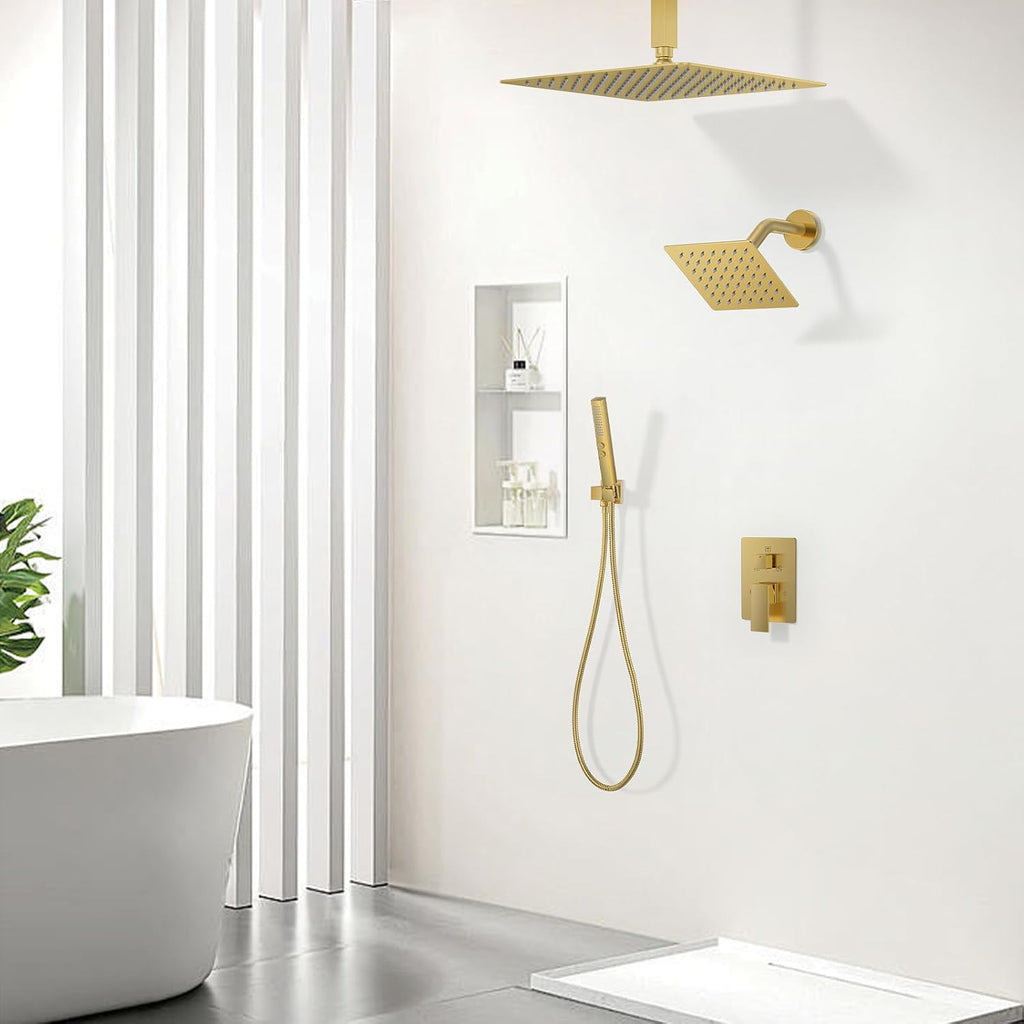 Rain Shower System Brushed Gold Shower Faucet Set Ceiling Mounted