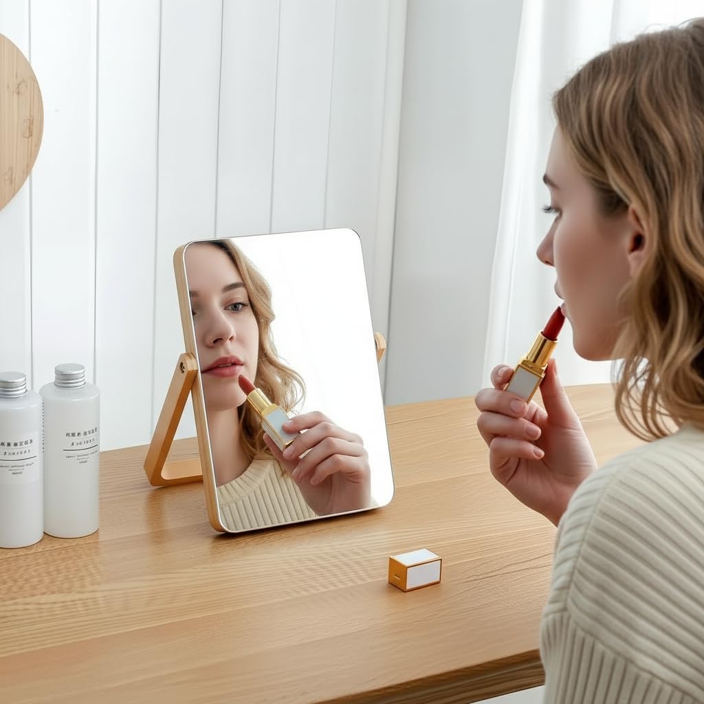 ZOROSY Desk Makeup Mirrors with Wood - Small Table Mirror with Stand