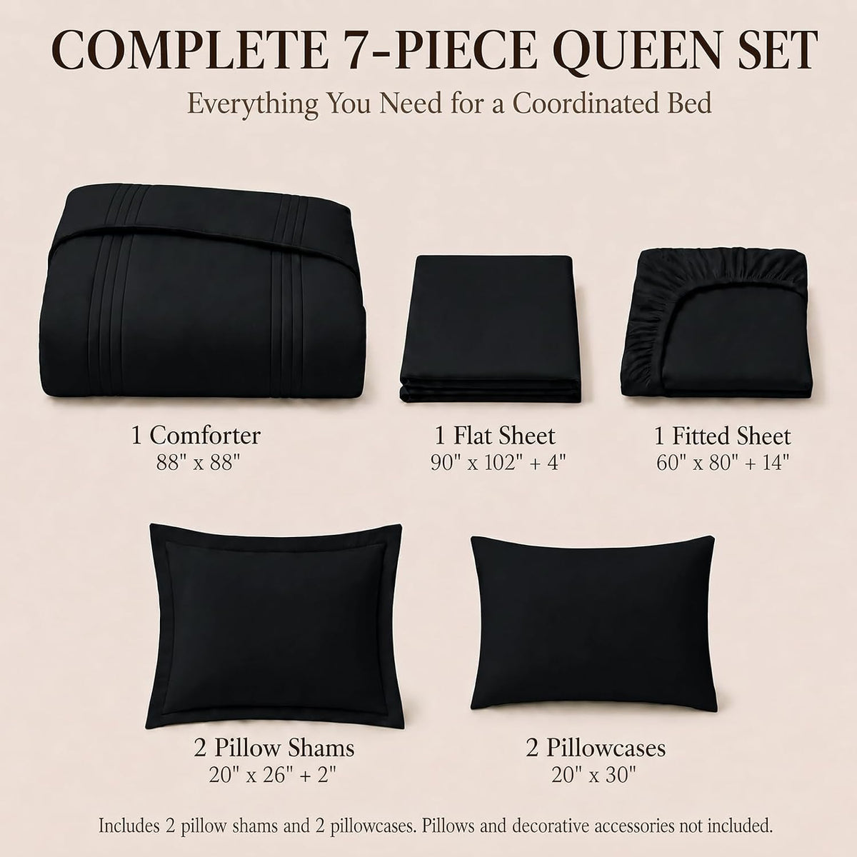 CozyLux Queen Comforter Set Black - 7 Pieces Vertical Quilted Bed in a Bag
