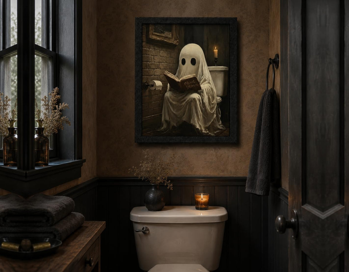 Halloween Bathroom Wall Art, Ghost Reading Picture, Funny Spooky Decor