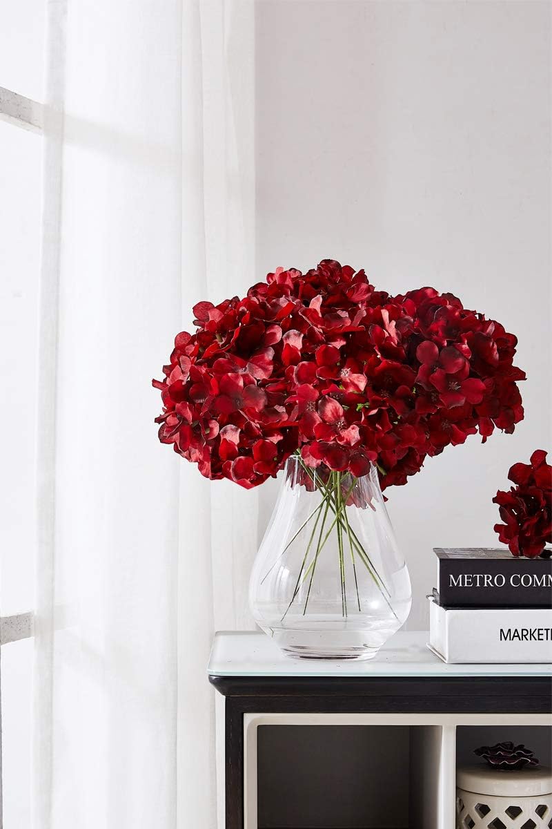 Hydrangea Silk Flowers Heads with 10 Stems Burgundy Artificial Hydrangea Flower Head for Wedding Centerpieces Bouquets DIY Floral Decor Home Decoration