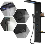 5 in 1 Matte Black Rainfall Shower Panel Tower System With Storage Shelf