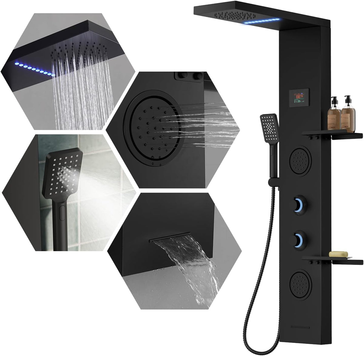 5 in 1 Matte Black Rainfall Shower Panel Tower System With Storage Shelf