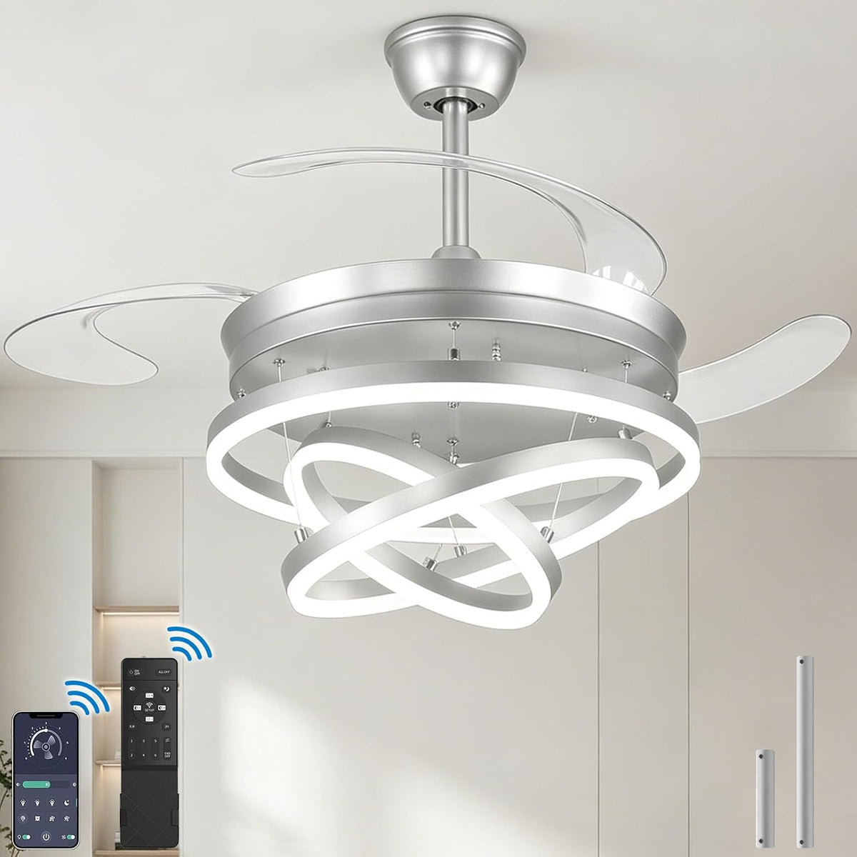 48 Inch Retractable Ceiling Fans with Lights and Remote, Modern Chandelier Fandelier Ceiling Fans, Quiet Reversible DC Motor, 6 Speeds, 3 Color Dimmable LED for Bedroom Living Room (Silver)