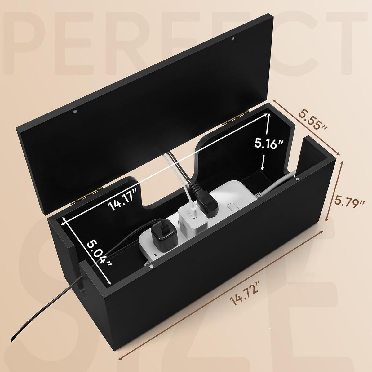 Large Cable Management Box - Wood Cable Organizer Box and Power Strip Box for Electrical Cord Management - Hide Desk Cord and Floor Cables - Wire Storage and Organization for Cords, Black