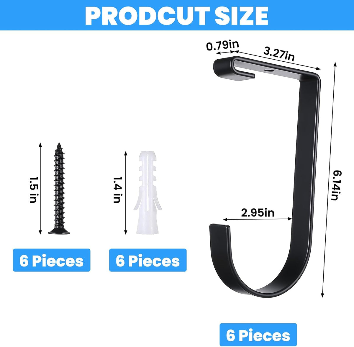 6 Pack Heavy Duty Bike Hooks for Garage Ceiling, Garage Ceiling Hooks with Screws, 70 lbs Capacity Each, Strong Iron Construction for Overhead Organization
